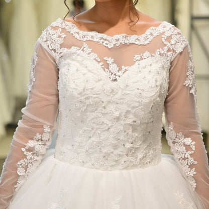 Close-up of lace and fabric detail on White Ball Gown — GownLink GLGB150