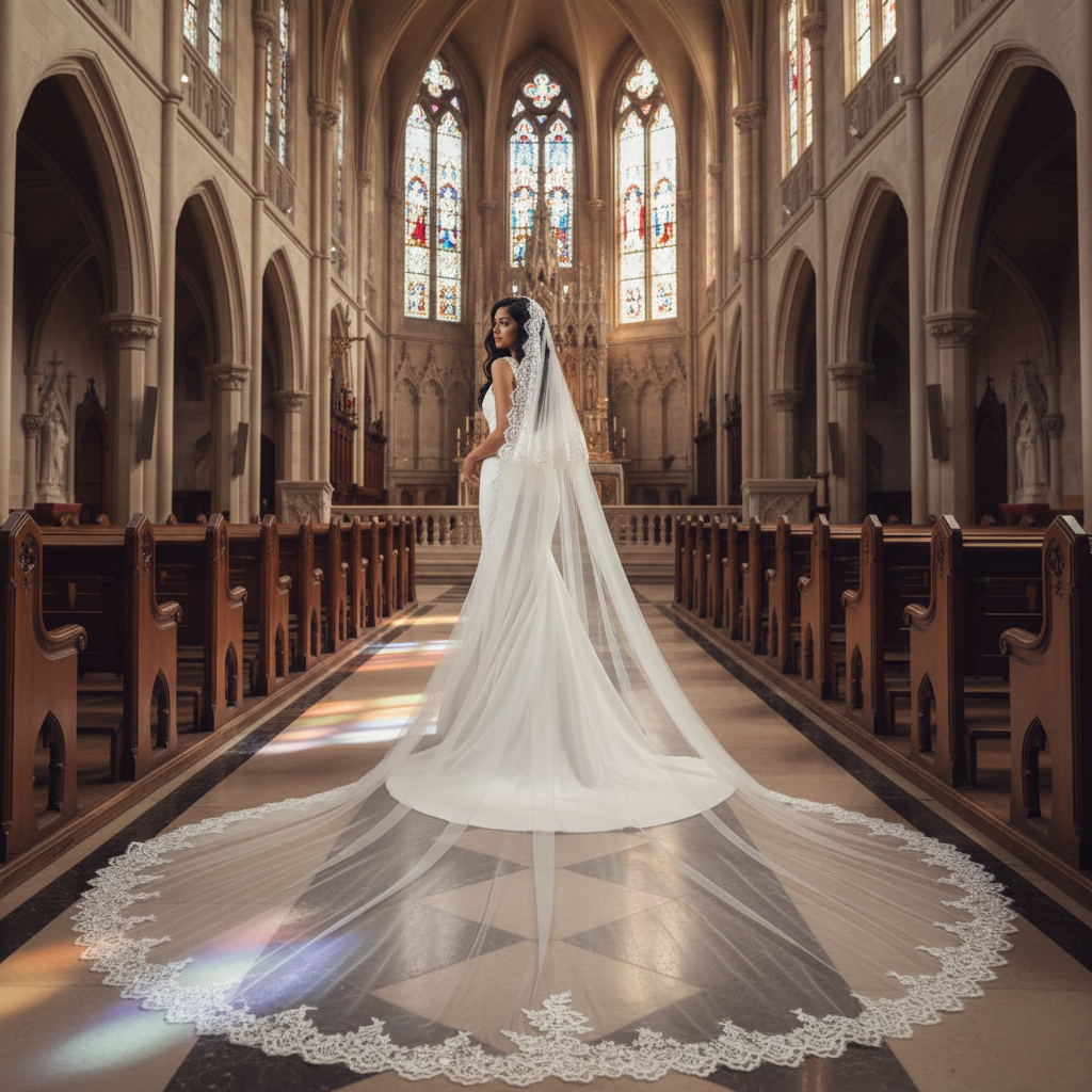 Long white Christian wedding veil with lace trim