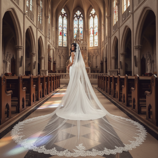 Long white Christian wedding veil with lace trim