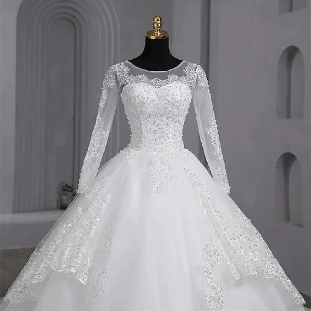 Luxury bridal ball gown by GownLink with floral lace embellishments and a sophisticated princess silhouette