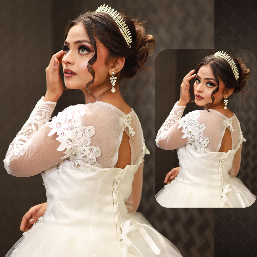 Luxury Christian bridal dress with detailed lace bodice and flowing wedding skirt
