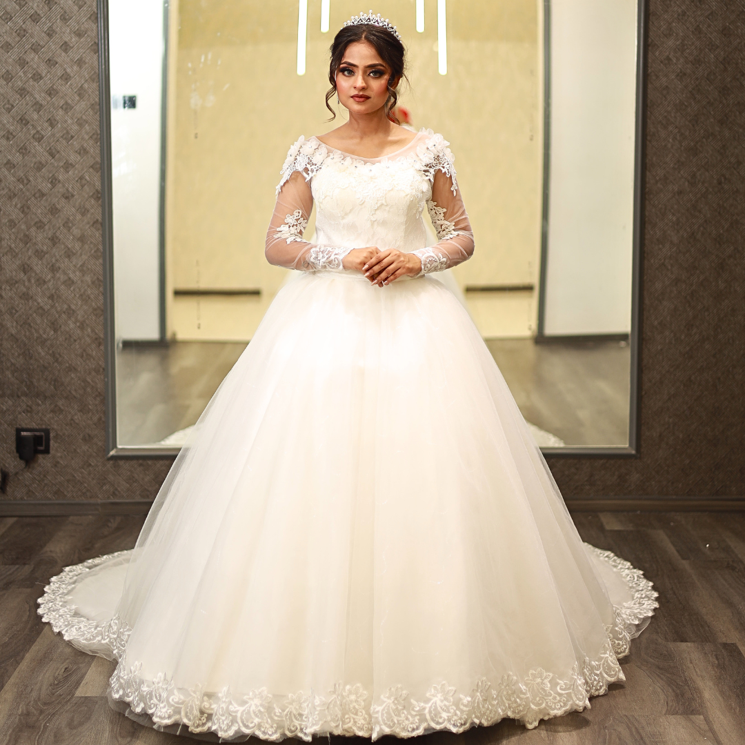 Full-length view of Bridal Gown with Train with train spread on floor — GownLink GLYCX01T