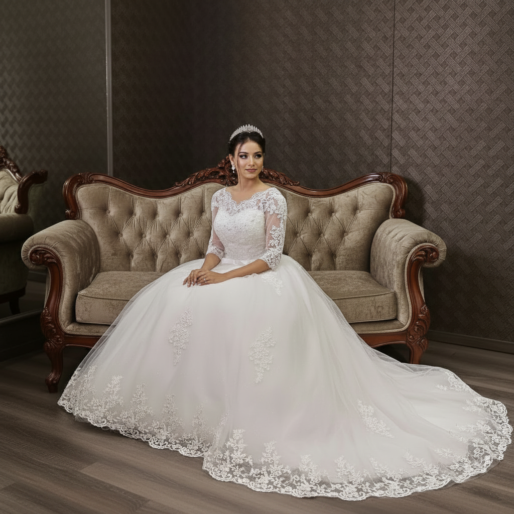 Luxury Christian bridal gown with sparkling lace appliqués and voluminous tulle skirt