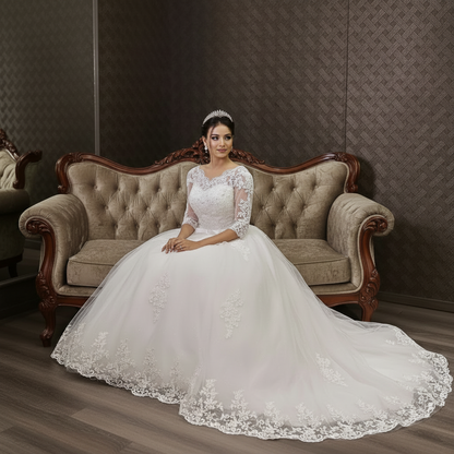 Luxury Christian bridal gown with sparkling lace appliqués and voluminous tulle skirt