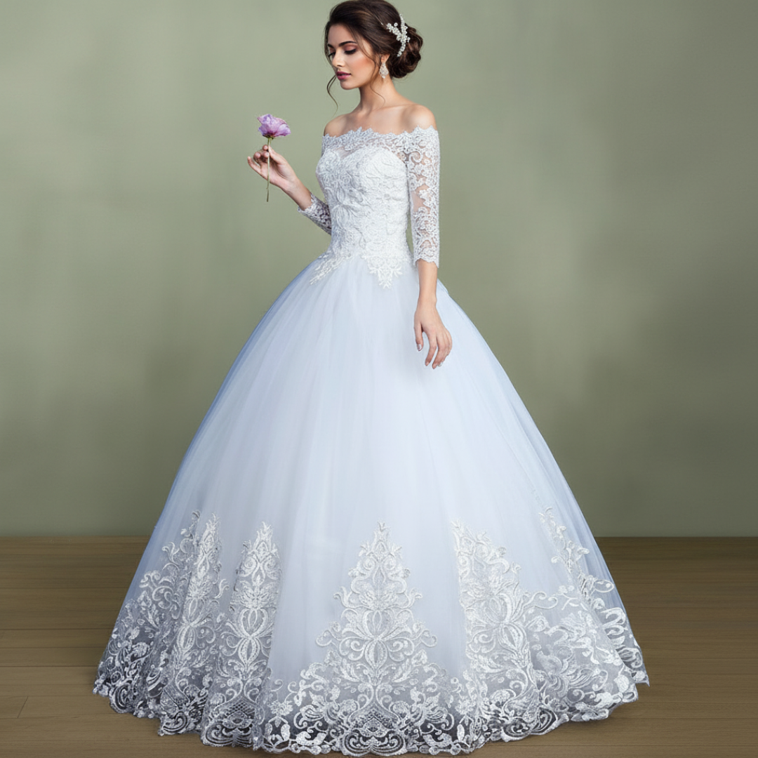 Close-up of lace and fabric detail on White Princess with Off Shoulder — GownLink GLQD09