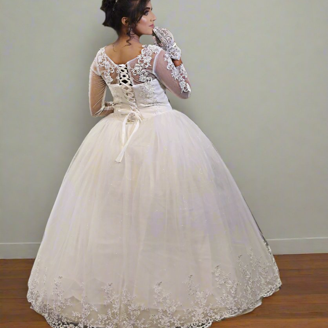 Full-length view of White Ball Gown with train spread on floor — GownLink GLGF042