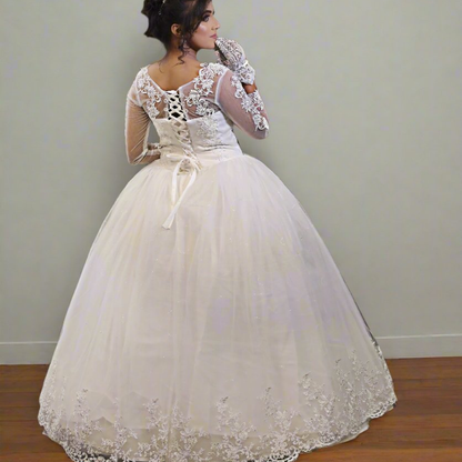Full-length view of White Ball Gown with train spread on floor — GownLink GLGF042