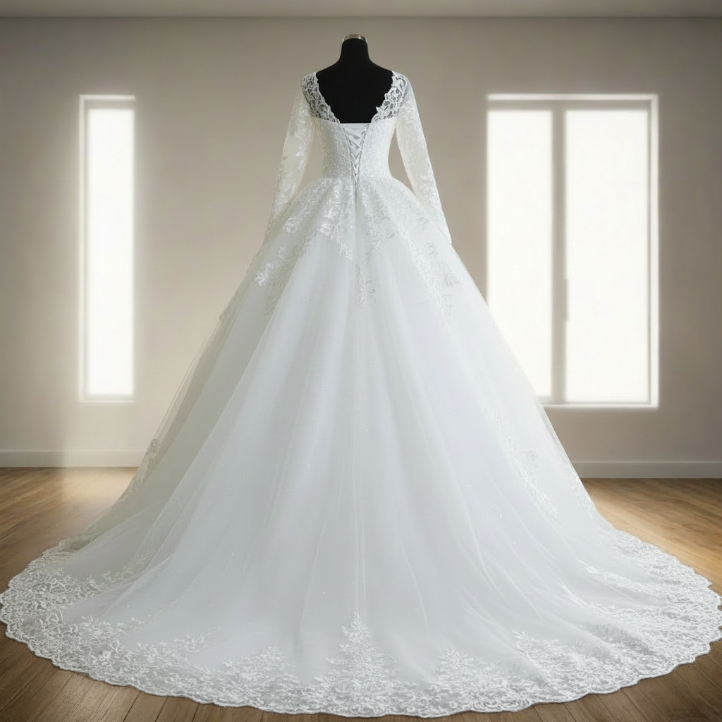 Luxury GownLink Christian wedding dress with intricate lace embroidery and a graceful cathedral-length train