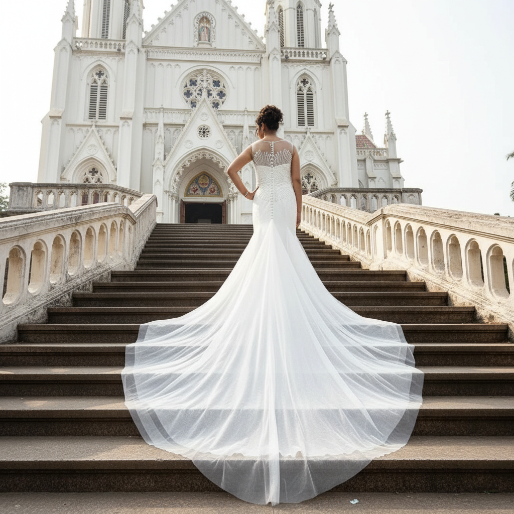 Luxury Christian wedding gown with soft tulle train and elegant bridal silhouette