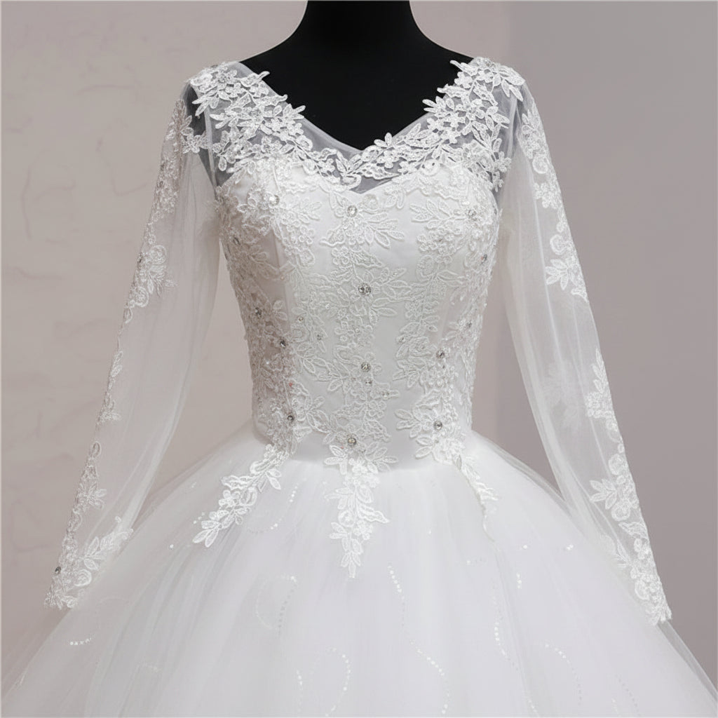 Luxury Christian ball gown with sparkling lace bodice, soft tulle skirt, and graceful train
