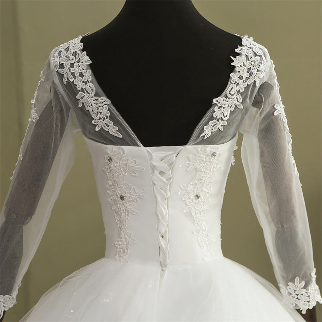 Back view of White Bridal Gown with Long Train showing train and closure detail — GownLink GLHSD189T