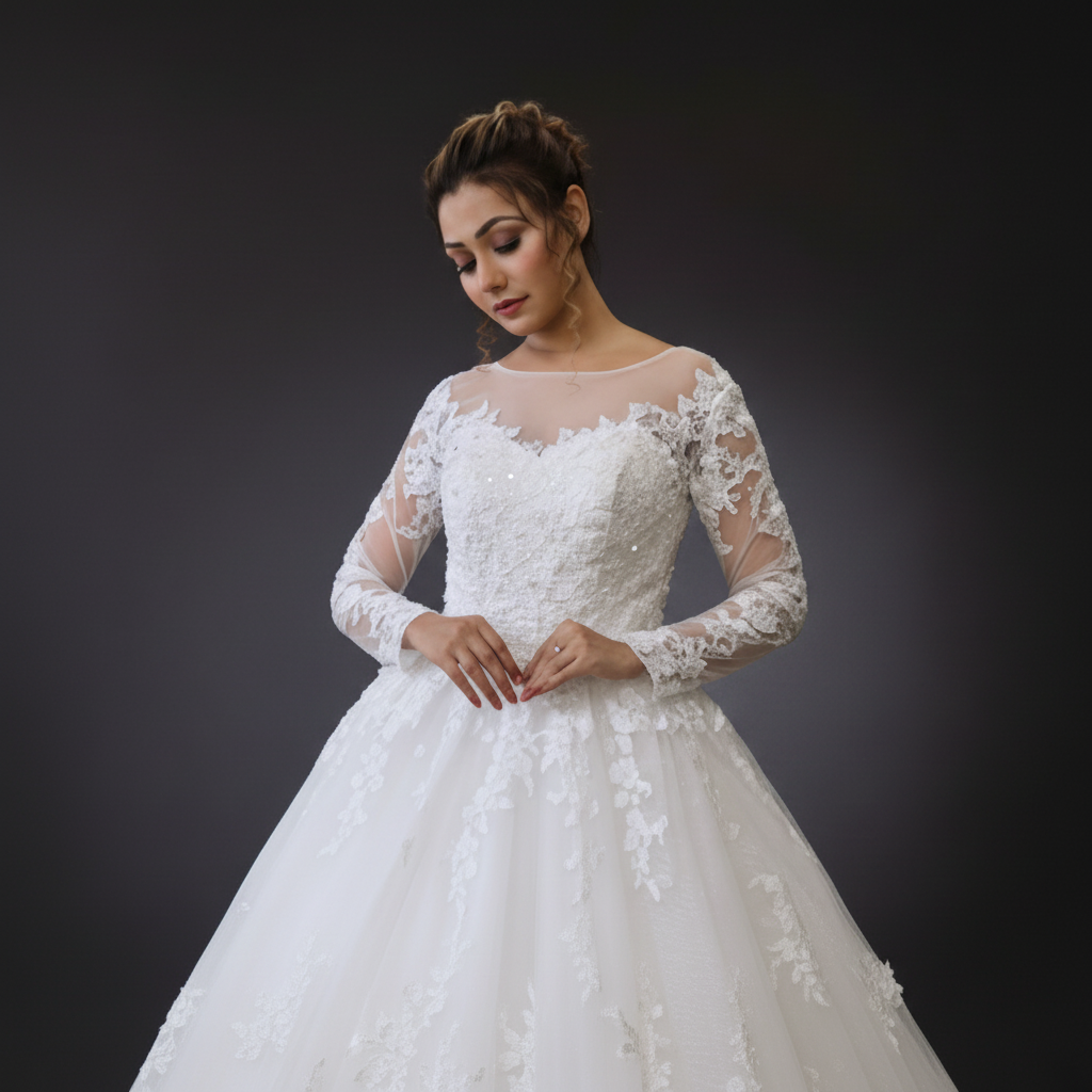Side profile view of White Bridal Gown with Train showing silhouette — GownLink GLGT028