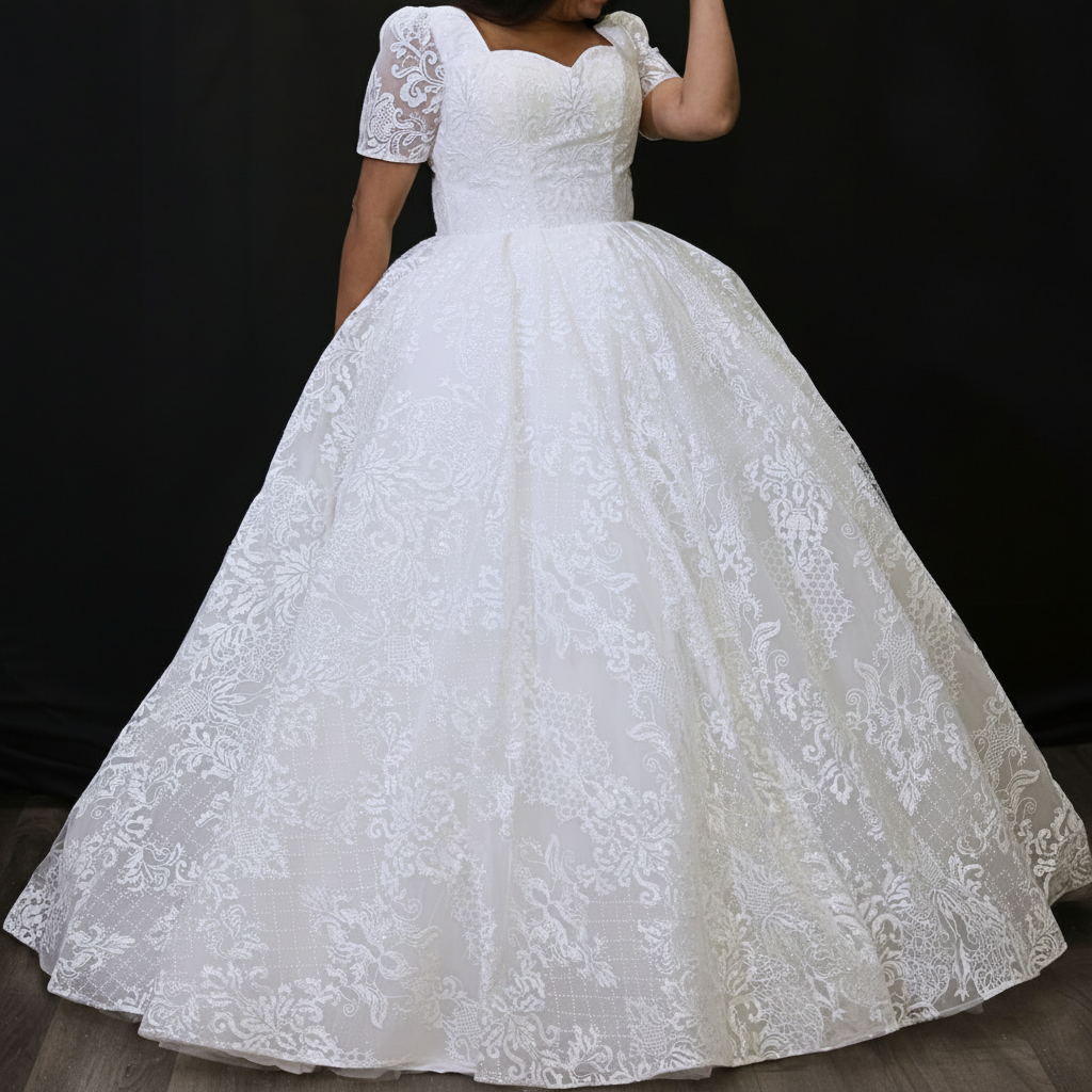 Three-quarter view of White Ball Gown on model — GownLink GLGT166B