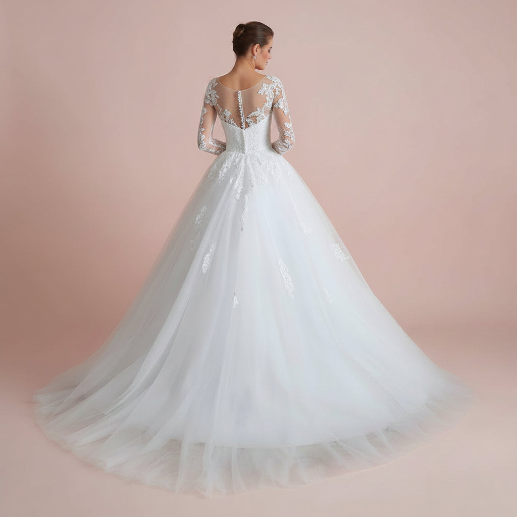 Luxury lace Christian bridal dress with delicate floral appliqués and a sweeping train