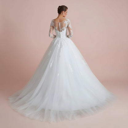 Luxury lace Christian bridal dress with delicate floral appliqués and a sweeping train