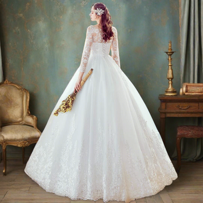 Luxury lace church wedding dress with intricate embroidery and a full tulle skirt for timeless elegance