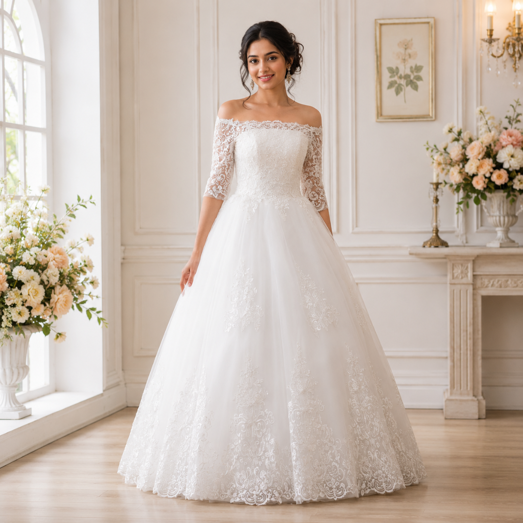 Luxury Christian princess wedding gown with delicate lace embroidery and soft tulle layers