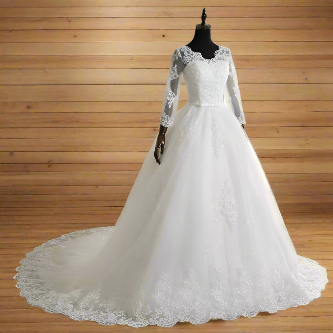 Luxury lace Christian princess wedding gown with refined embroidery and graceful silhouette