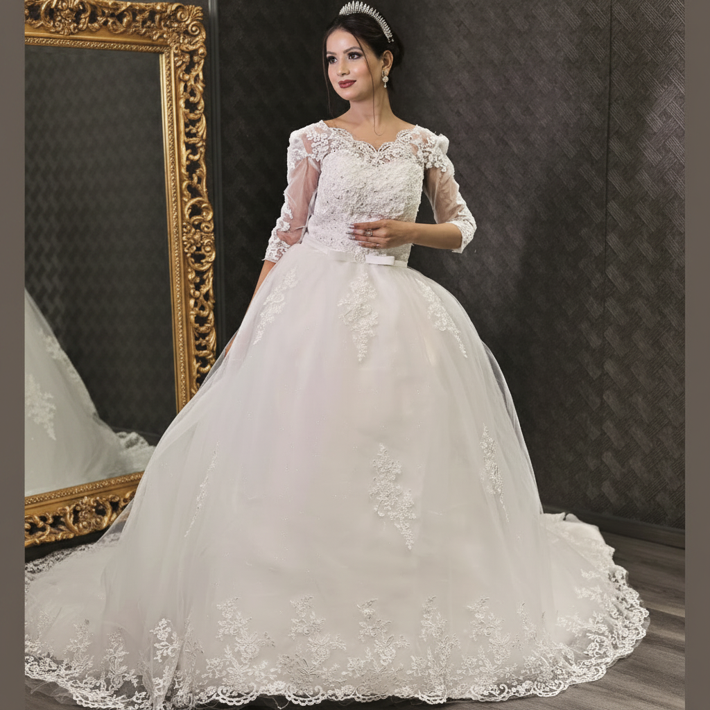 Luxury Christian wedding gown with embroidered lace detailing, full tulle skirt, and timeless bridal elegance