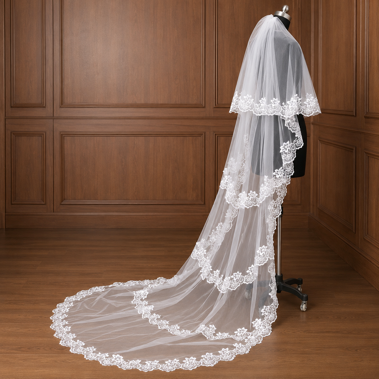 Side view of Bridal Veil with comb attachment visible — GownLink GLV093L