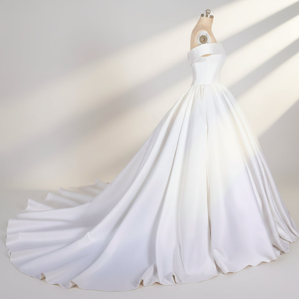 Full-length view of White Bridal Gown Satin with Train with train spread on floor — GownLink GLHMST04