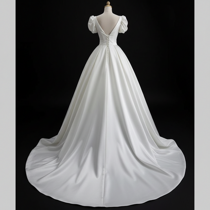 Full-length view of White Bridal Gown Satin with with train spread on floor — GownLink GLHMST10