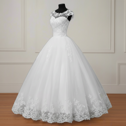 Back closure and button detail on White Ball Gown — GownLink GLGF042B