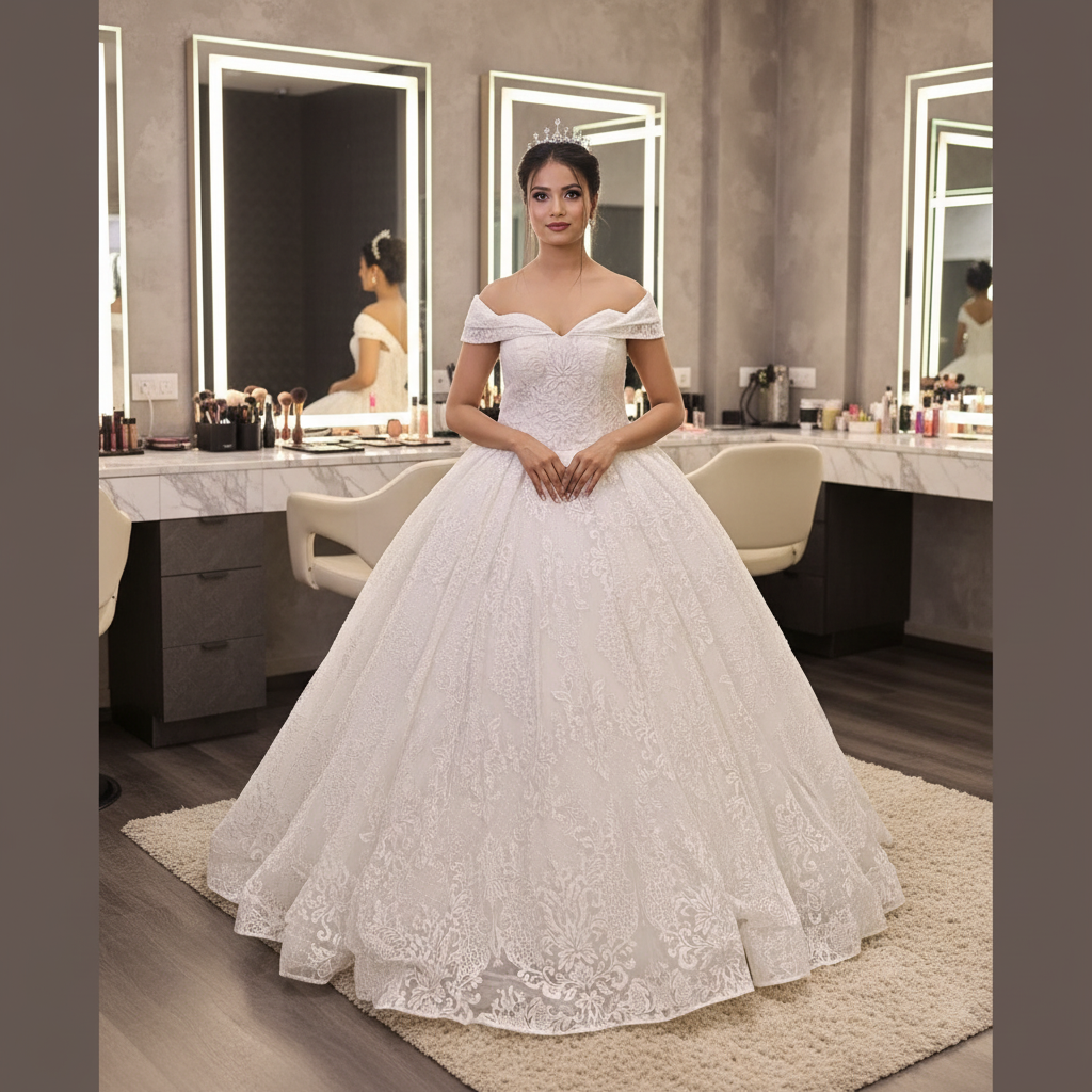 Front view of White Ball Gown with Off-Shoulder on model against studio backdrop — GownLink GLGF108