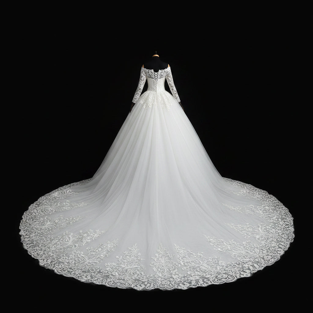 Back view of White Bridal Gown with Off Shoulder showing train and closure detail — GownLink GLQD09T