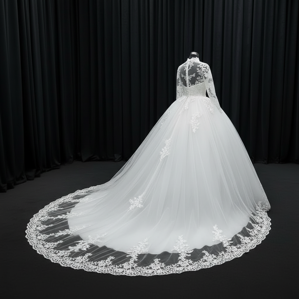 Detail of neckline and bodice on White Bridal Gown with High Neck — GownLink GLW20T