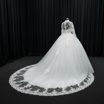 Detail of neckline and bodice on White Bridal Gown with High Neck — GownLink GLW20T
