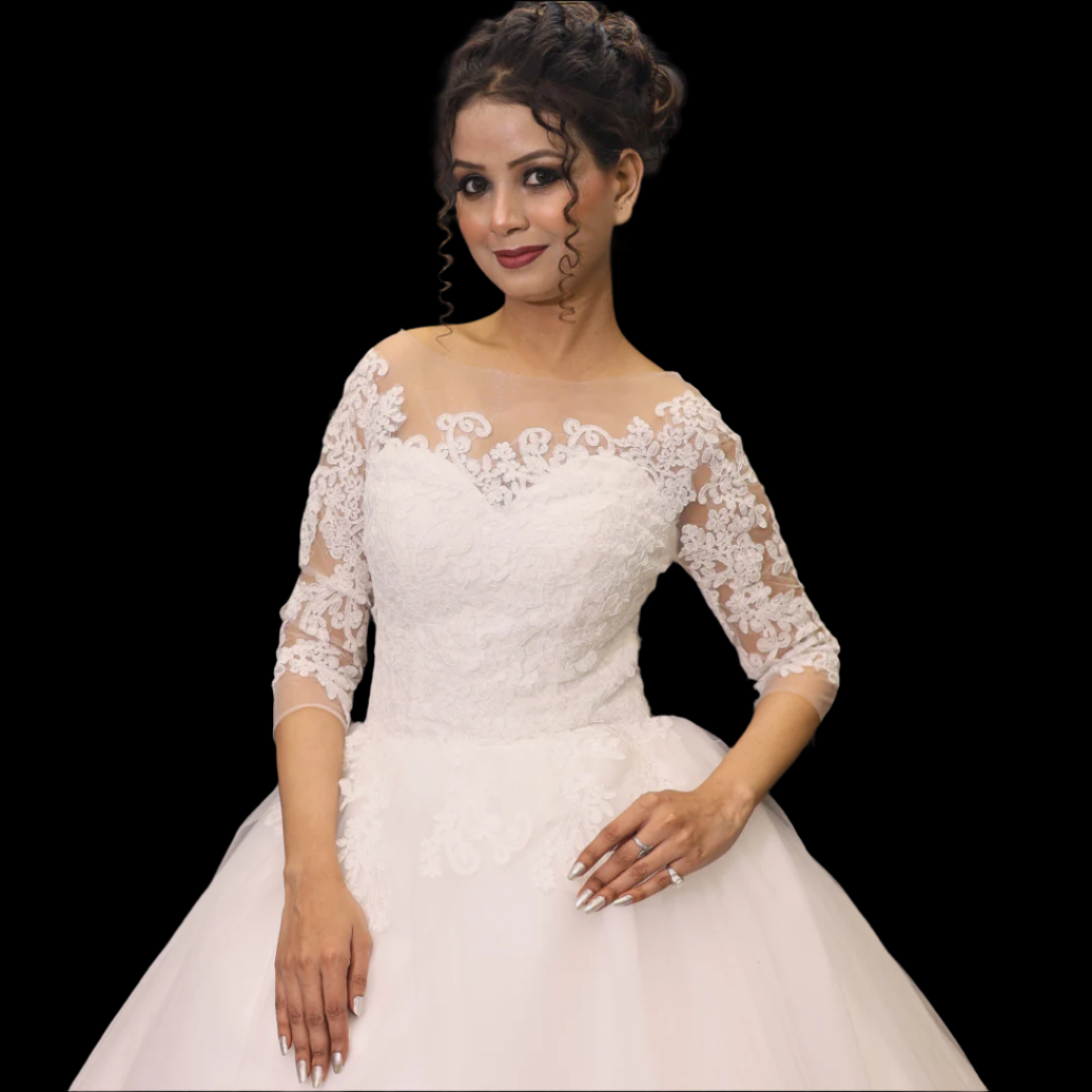 Luxury white lace Christian wedding dress featuring a fitted bodice and flowing tulle skirt