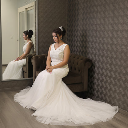 Mermaid Christian wedding dress with delicate lace detailing and timeless elegance