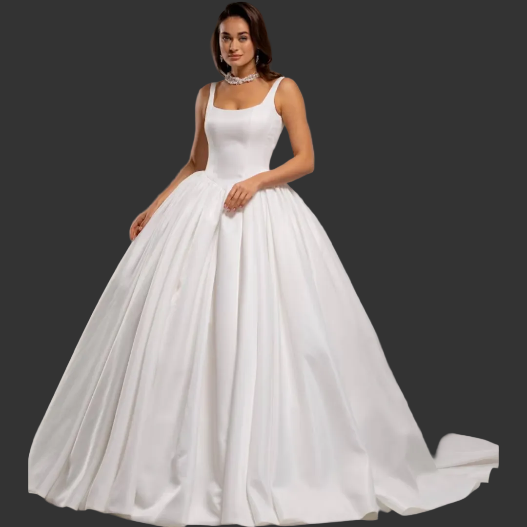 Front view of White Bridal Gown Satin with Train on model against studio backdrop — GownLink GLHMST15