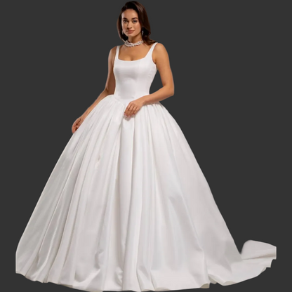 Front view of White Bridal Gown Satin with Train on model against studio backdrop — GownLink GLHMST15