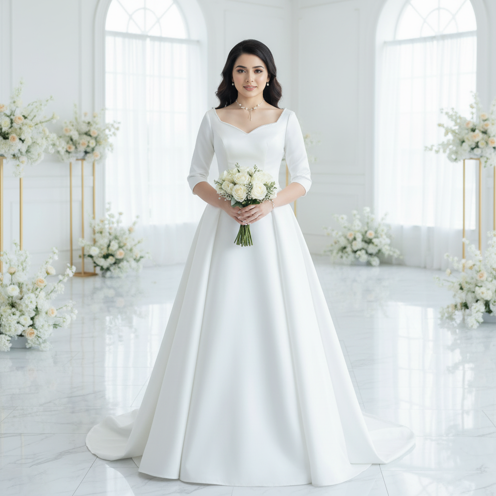 Full-length view of White Ball Gown Satin with train spread on floor — GownLink GLHMSB3