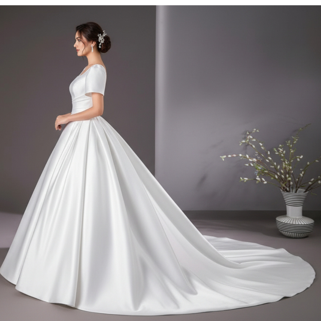 Back view of White Bridal Gown Satin with Train showing train and closure detail — GownLink GLHMST8