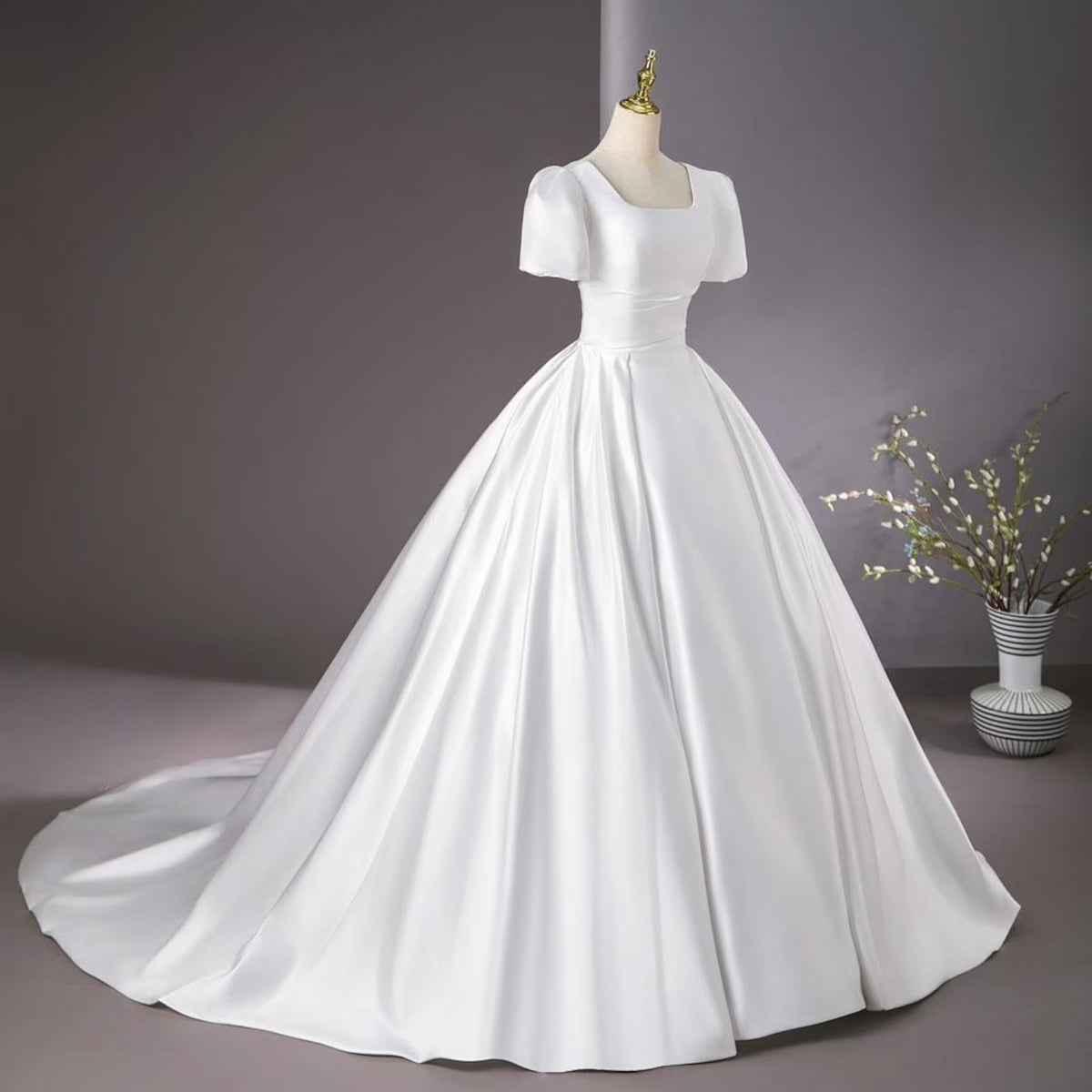 Side profile view of White Bridal Gown Satin with Train showing silhouette — GownLink GLHMST8