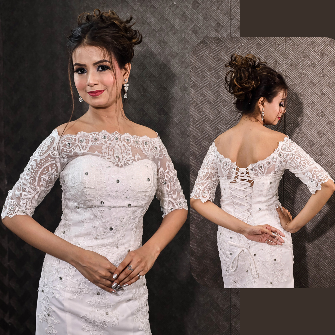 Modern mermaid bridal dress with illusion lace sleeves and graceful train detailing