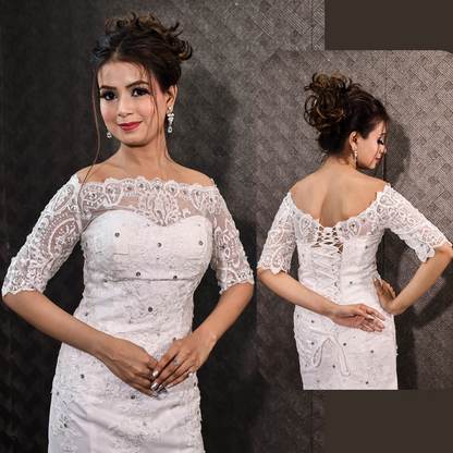 Modern mermaid bridal dress with illusion lace sleeves and graceful train detailing