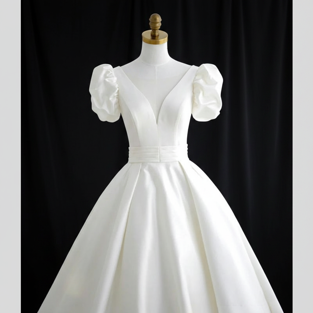 Side profile view of White Bridal Gown Satin with showing silhouette — GownLink GLHMST10