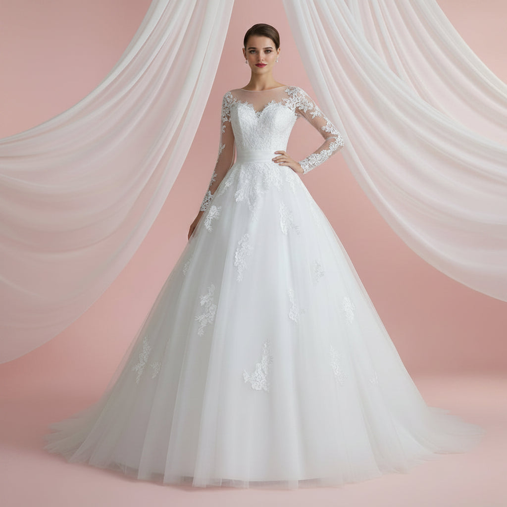Modest Christian wedding dress with embroidered bodice, long sleeves, and flowing tulle skirt