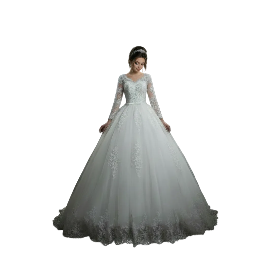 Modest Christian bridal gown by GownLink featuring a lace bodice, long sleeves, and flowing white tulle skirt