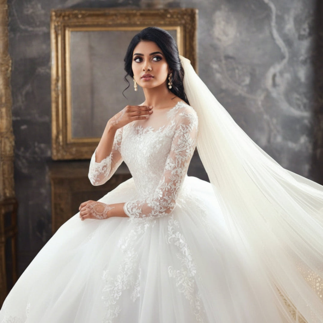 Modest white Christian bridal gown with illusion lace sleeves and elegant cathedral-inspired design