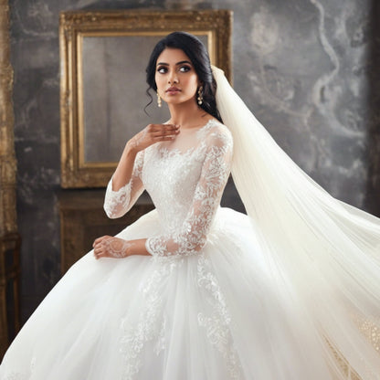 Modest white Christian bridal gown with illusion lace sleeves and elegant cathedral-inspired design