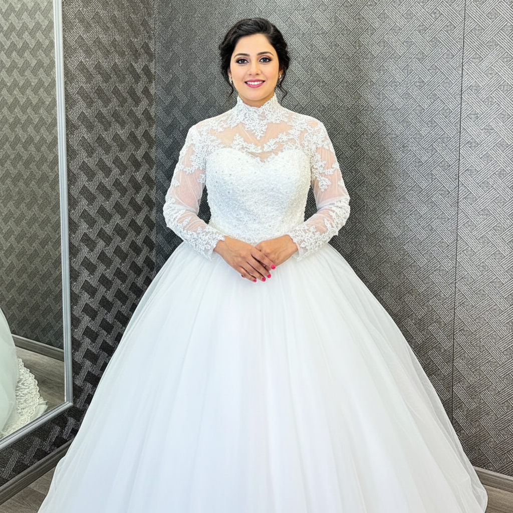 Close-up of lace and fabric detail on White Bridal Gown with High Neck — GownLink GLW20T