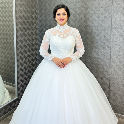 Close-up of lace and fabric detail on White Bridal Gown with High Neck — GownLink GLW20T