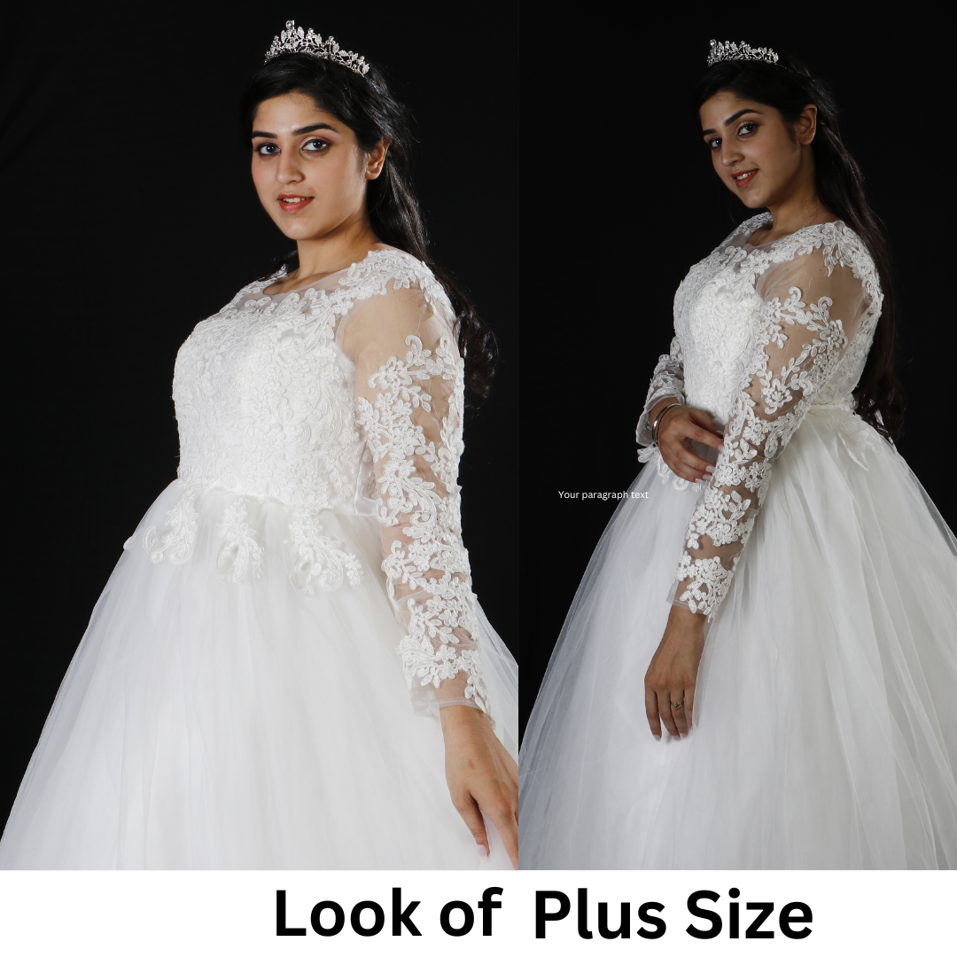 Modest Christian wedding gown with an off-shoulder lace neckline and elegant full-length skirt.l