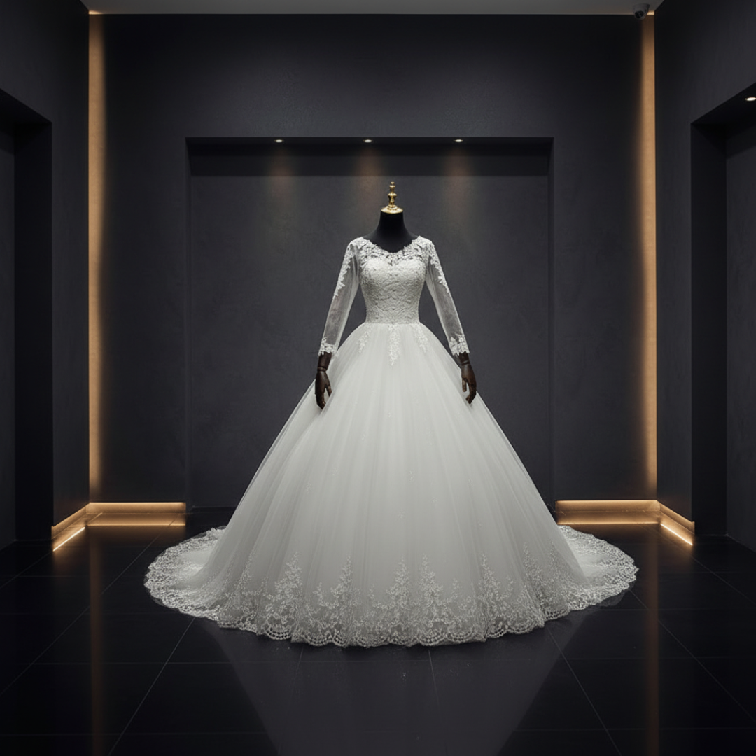 Detail of neckline and bodice on White Bridal Gown with Long Train — GownLink GLHSD189T