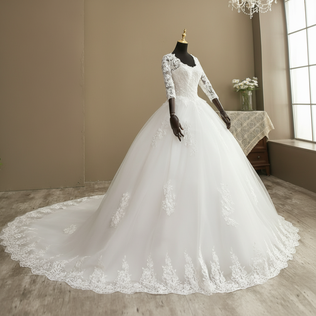 Modest Christian wedding gown with intricate lace details, fitted bodice, and cathedral-style train